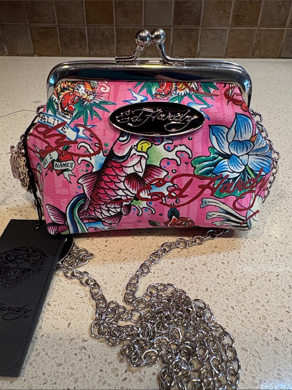 Ed Hardy NWT Pink Tattoo Koi Kiss-Lock Chain Clutch